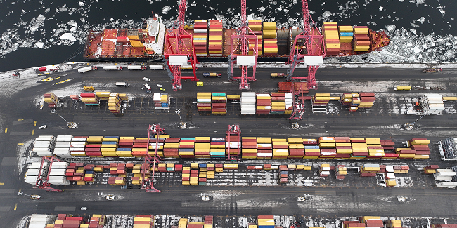 Top down aerial view of shipping Port of Montreal.